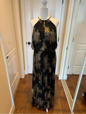MSK | Dresses | Black Gold Halter Maxi Dress By Msk Womens Size Pleated Skirt Metallic Patt | Poshmark MSK | Dresses | Black Gold Halter Maxi Dress By Msk Womens Size Pleated Skirt Metallic Patt | Poshmark